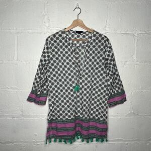 J. Crew Women's White Green Purple Tassel Cotton Swimsuit Tunic Cover Small